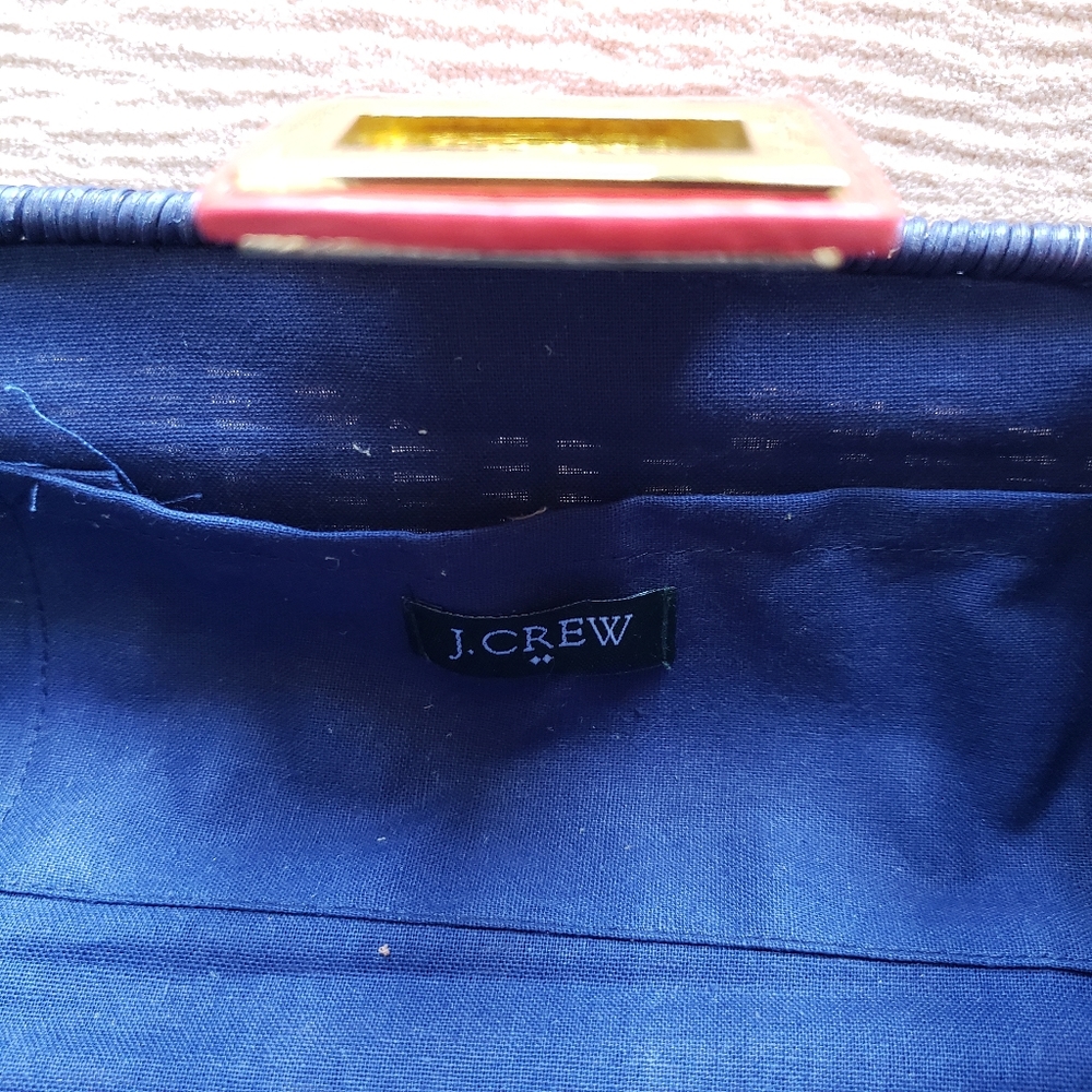 NWOT J.Crew Navy & Beige Striped Rattan Clutch - Picture 8 of 9